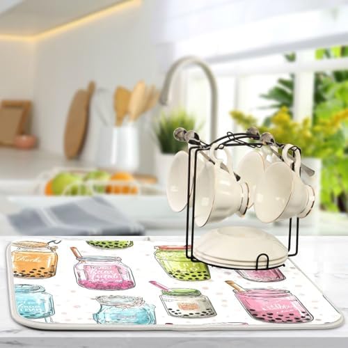 OTVEE Boba Beverage Art Dish Drying Mat for Kitchen Counter Absorbent