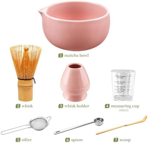 YIBO Matcha Whisk Set Pink, Handcrafted Bamboo Chasen & Ceramic Bowl