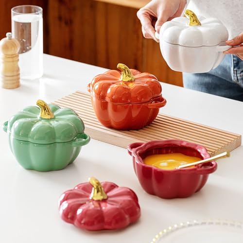 Pumpkin Bowl Set with Lid and Handle, Set of 4 Ceramic Ramekins for