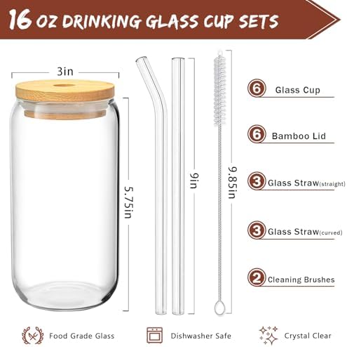 16 Oz Glass Cups, 6 Pcs with Bamboo Lids and Straws