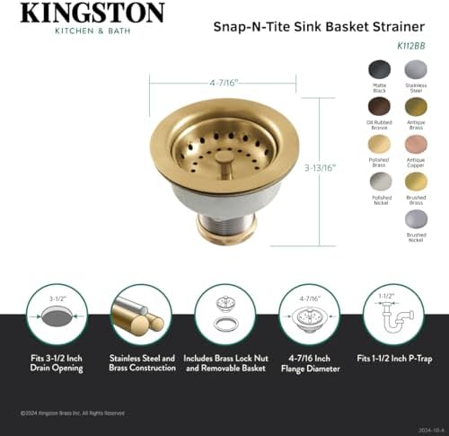Kingston Brass K112MB Tacoma Kitchen Sink Basket Strainer, Matte Black