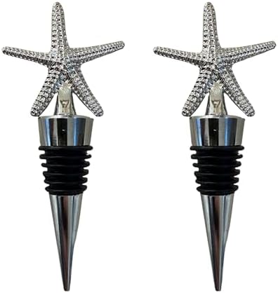 Decorative Starfish Wine Bottle Stoppers, Silver Chrome Finish, Set of