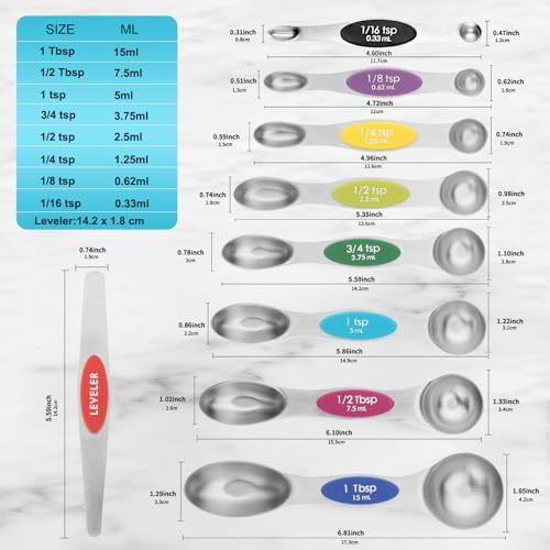 Magnetic Measuring Spoons Set of 9 with Leveler, Color-Coded Dual