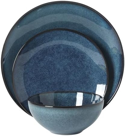 Gibson Elite Castle Peak Plates and Bowls Set, 12-Piece Dinnerware Set, Blue Reactive Glaze Stoneware Dishes, Dinner Plates, Salad Plates & Cereal Bowls