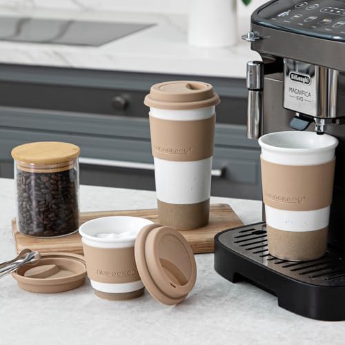 Ceramic Travel Coffee Mug Set, To Go Mug with Silicone Lid&Non-Slip