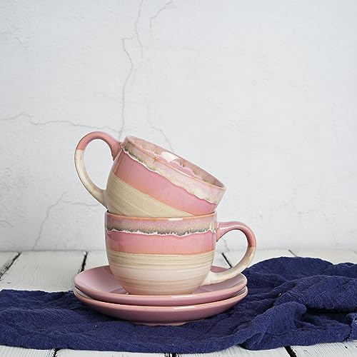 Bosmarlin Ceramic Cappuccino Cup and Saucer Set of 2, 10 Oz, Coffee