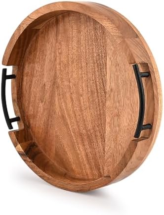 Tray Acacia Wood Round Serving Tray with Iron Handles for Coffee Table