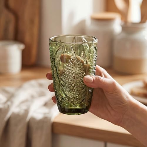 Green Drinking Glasses Set of 8 - 12 & 10 oz, Vintage Boho Fern Glass