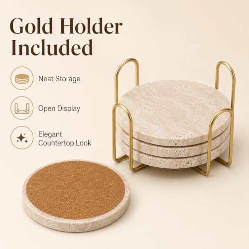 Travertine Coasters with Gold Holder, Set of 4 Natural Stone, Cork