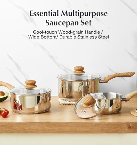 KOCH SYSTEME CS Stainless Steel Pots, 6 Piece Sauce Pan Set with Lids, 1QT, 2QT, 3QT Stainless Steel Saucepan with Cool-Touch Handles, 5-layers Base Pots, Induction Compatible Sauce Pan, Pot Set