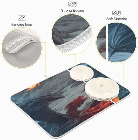 OTVEE Mystic Dragon Fire Ice Encounter Dish Drying Mat for Kitchen