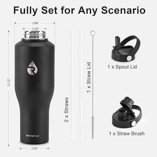 RAYMYLO 40 oz Insulated Water Bottle with Straw, Fit in Car Cup Holder