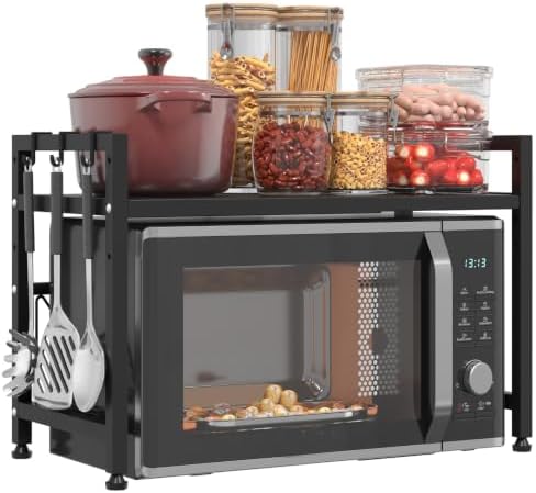 Extendable Microwave Oven Stand, 2-Tier Organizer with 6 Hooks