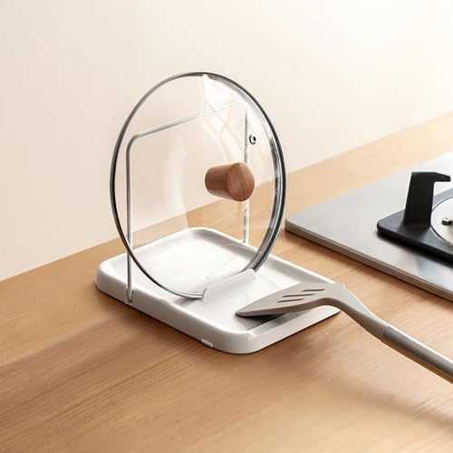 PAVSTINE Pot Lid Holder with Spoon Rest, Foldable, White