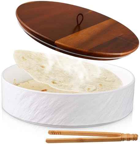SiliFine Ceramic Tortilla Warmer with Acacia Wood Lid, 9 Inch Tortilla