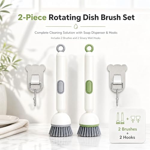 2Pcs 360° Rotating Dish Brush with Soap Dispenser, Non-Slip Long