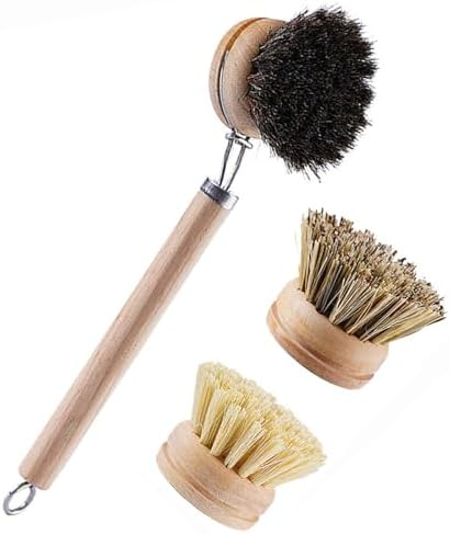 Bamboo Dish Brush with Handle, 3 Natural Bristle Heads
