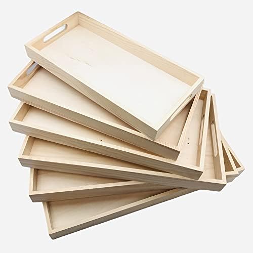 Unfinished Wood Trays for Crafts 6 Pack - Nested Rectangular with