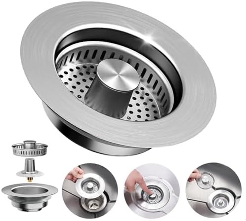 3-in-1 Kitchen Sink Drain Strainer, Stainless Steel, 3-1/2'' Drains