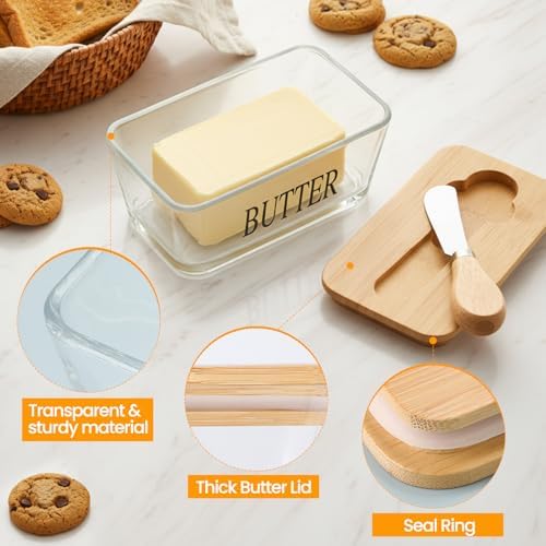 Glass Butter Dish with Bambo Lid and Knife, Airtight Butter Keeper for