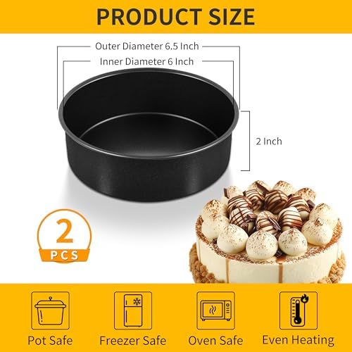 P&P CHEF 6 Inch Cake Pan Set, Round Baking Cake Pans, Black & 2 Pcs