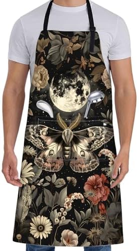 Mystical Moth Apron for Women with Moon,28x33in, Vintage Floral