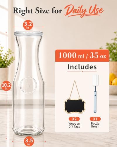 Set of 2 Glass Juice Pitcher, 1 Liter Juice Carafe for Mimosa Bar