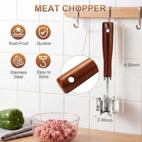 Stainless Steel Meat Chopper, 6 Curve Blades Beef Masher with Wooden