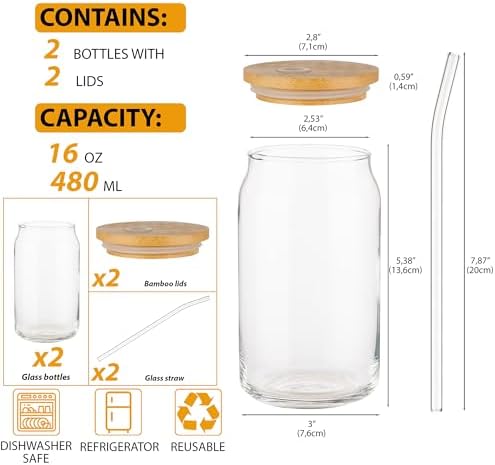 Glass Cups with Lids and Straws, 16 Oz - Set of 2 Reusable Iced Cold