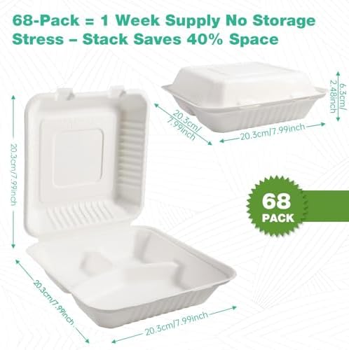 8x8 Inch 68 Pack 3-Compartment Clamshell Take Out Food Containers