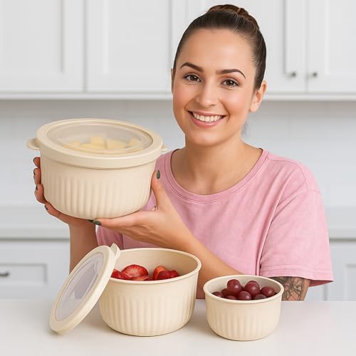 Classic Cuisine Bowls with Lids, Beige, Set of 3, 7”/5.5”/4.25”