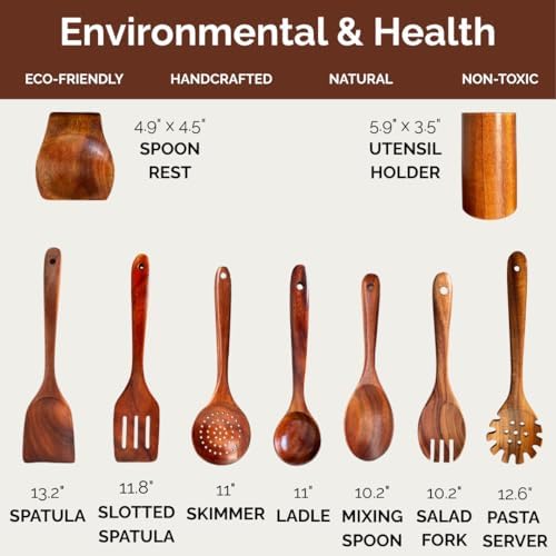 9-Piece Natural Teak Wooden Utensil Set