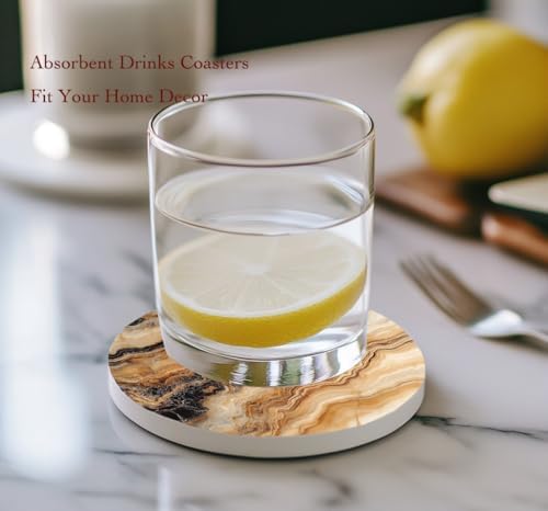 Dark Brown Drink Coasters Set of 6, Beige Black Mixed Marble Round