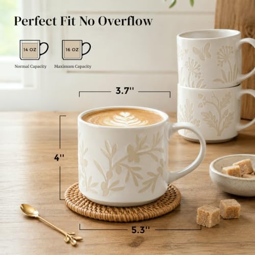 DOWAN Coffee Mugs Set of 4, 14 oz Ceramic Mugs for Latte, Cappuccino
