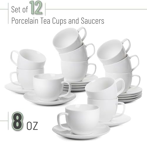 BTaT- Cappuccino Cups with Saucers 8 oz, Set of 12, White Porcelain