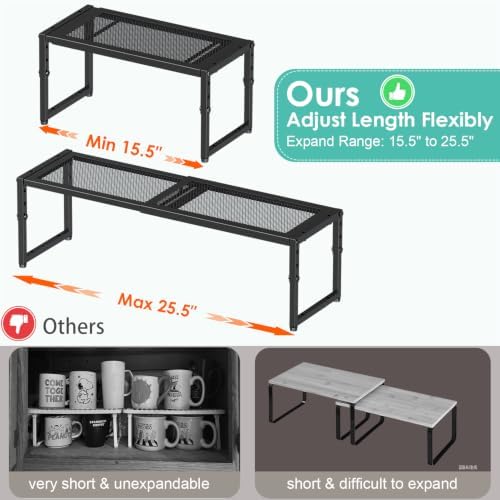 2 Pack Expandable Kitchen Cabinet Shelf Organizer, 15.5"-25.5" Long Adjustable Storage Shelves Organizers for Kitchen Countertop Pantry Cupboard Table Desk Counter, Stackable, 30LBS Load Capacity