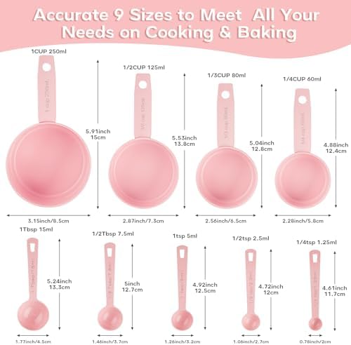 Measuring Cups and Spoons Set of 9, Stainless Steel Measuring cup for Cooking and Baking, Measuring spoons for Dry and Liquid Ingredients (Pink)