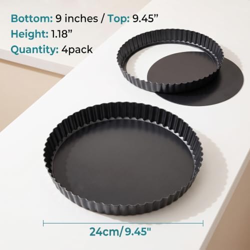 4 Pack 9 Inch Carbon Steel Tart Pan Set with Removable Bottom