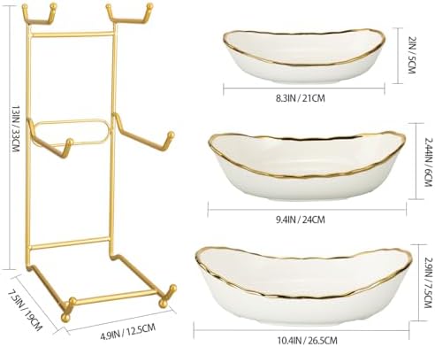 White Ceramic 3 Tier Modern Fruit Bowl with Metal Stand, Tiered Fruit Tray for Kitchen Counter, Snacks Nuts Bread Candy Storage