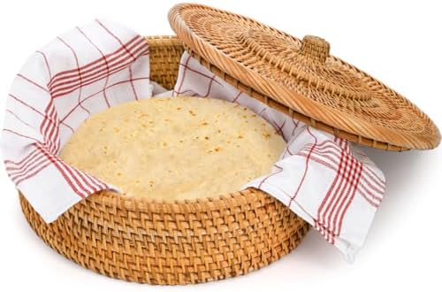 Covzoe Large Rattan Tortilla Warmer with Lid and Cotton Cloth