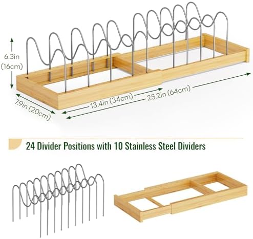 Tomorotec Bamboo Pot Lid Holder with Adjustable Stainless Steel