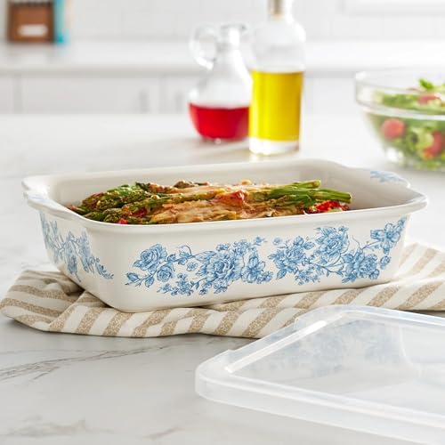 Rectangular Baking Dish with Lid, 7x11 Inch, Ceramic Stoneware, Floral