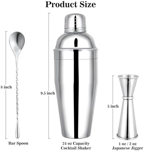 BARsics 24oz Stainless Steel Bar Cocktail Shaker, 1oz/2oz Jigger and