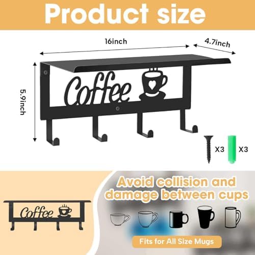 Wall Mounted Coffee Mug Holder, Black Metal with 4 Hooks, Mug Rack