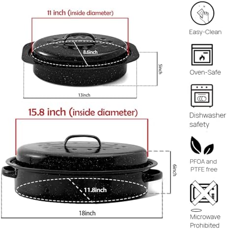 Enamel Roasting Pan With Lid and Rack 13" 18"Granite Roaster Pans Set With Rack Suitable Cooking Poultry Baking Turkey Bread Beef High Temperature Resistance,Dishwasher Safe,Holiday Gifts CookWare