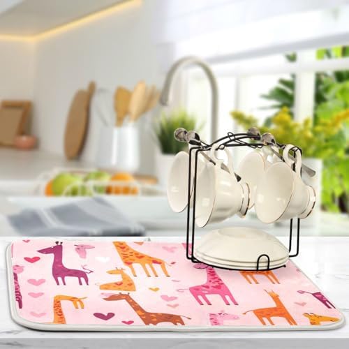 OTVEE Sweet Giraffe Art Dish Drying Mat for Kitchen Counter Absorbent