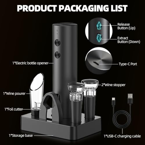 Electric Wine Opener Set with USB Charging Cable (Black)