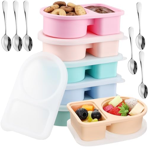 6 Pack Silicone Snack Boxes, 8 oz Dual Compartment, Not Foldable