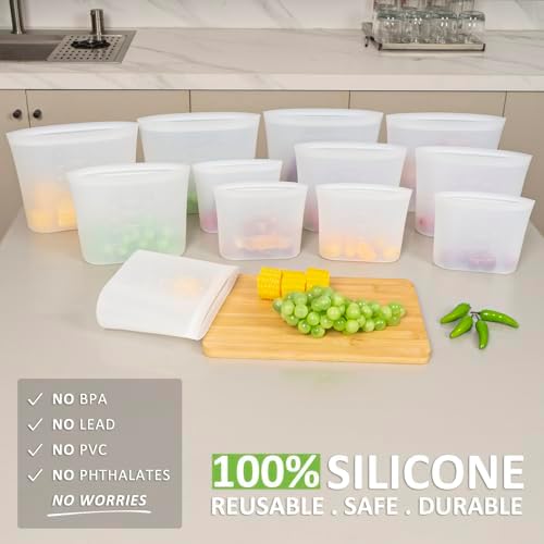100% Silicone Reusable Storage Bag, 9 Pack Stand-Up Wide-Mouth