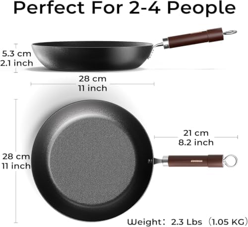 Carbon Steel Frying Pan, Pre-Seasoned 11-Inch Cooking Skillet Wooden